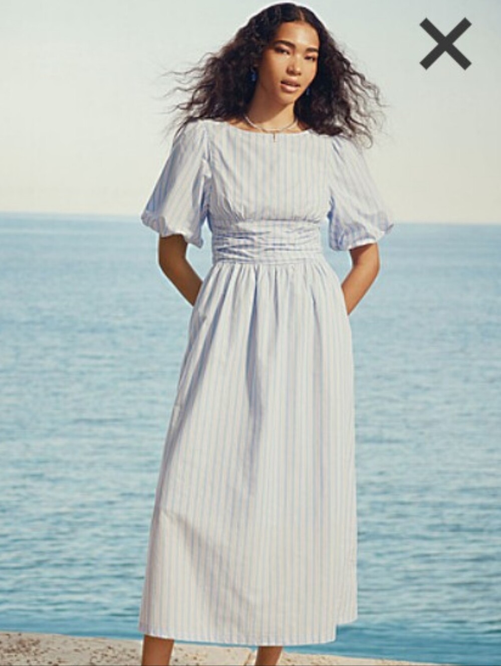 100% Cotton Blue Stripe Puff Sleeve Midi Dress Cottagecore Coastal Summer Small